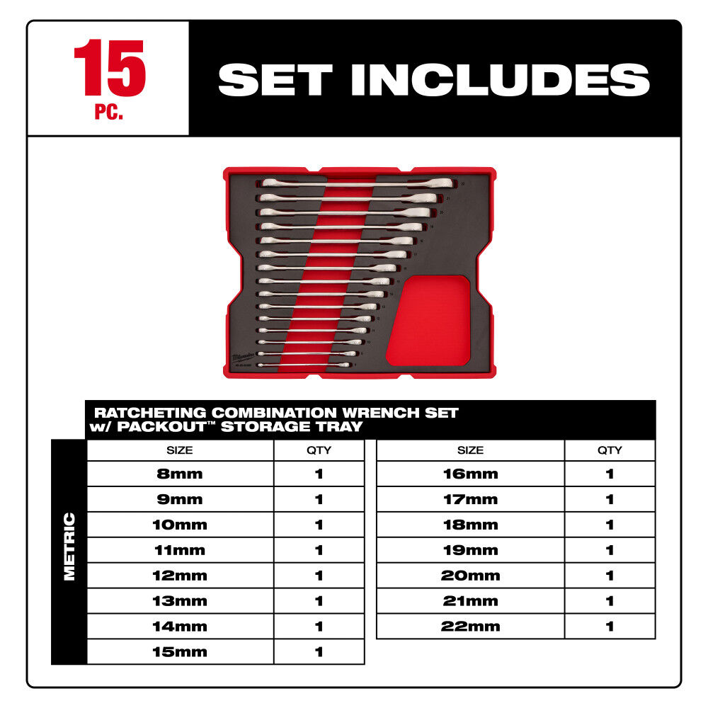 Milwaukee Metric Ratcheting Combination Wrench Set with Tray for PACKOUT Drawers, 15 Pieces, large image number 2