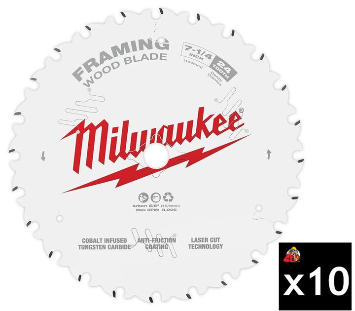Milwaukee 7-1/4 Inch 24T Pack of 10 Framing Circular Saw Blades