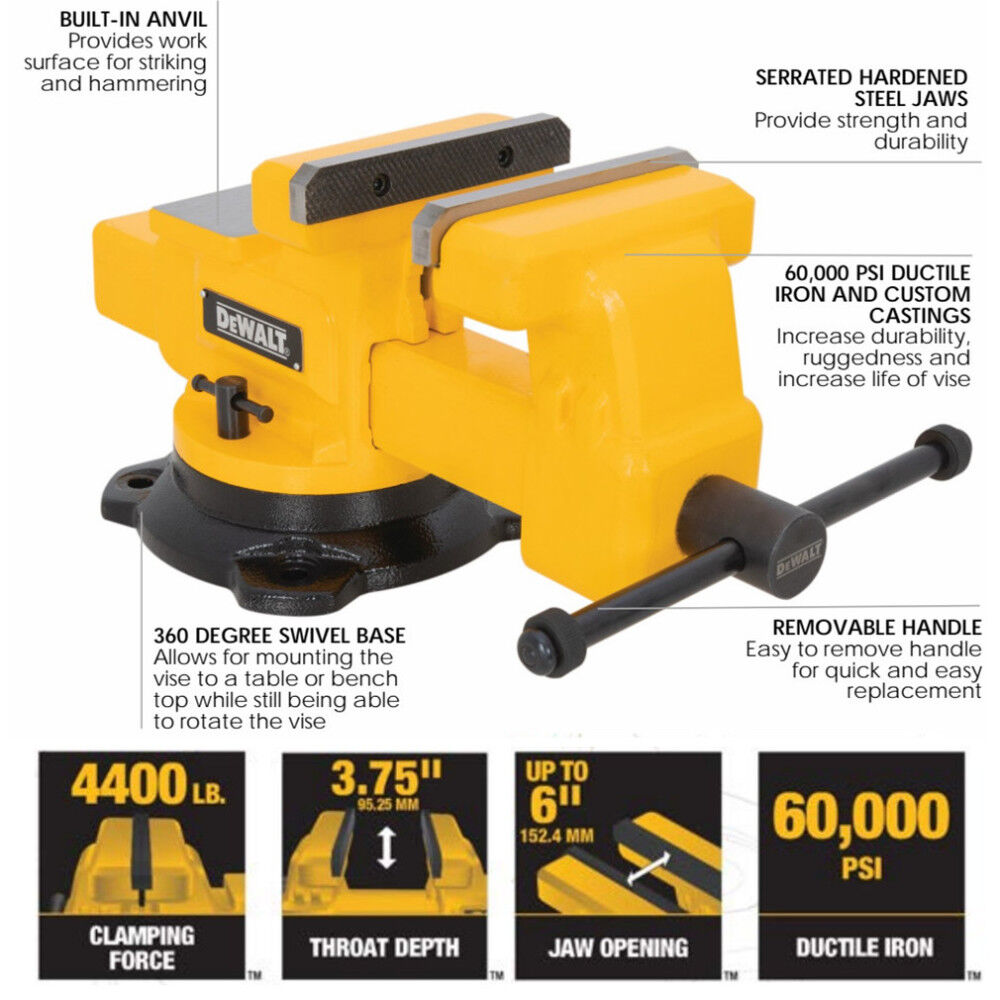 DEWALT 6 Inch Swivel Base Bench Vise with Anvil, large image number 5