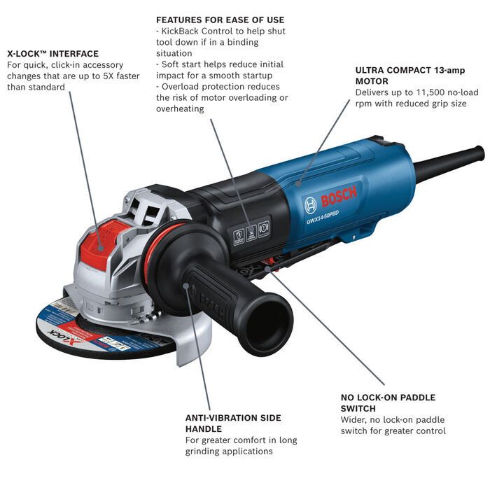 Bosch 5 Inch X-LOCK Angle Grinder with No Lock-On Paddle Switch & Brake, large image number 1