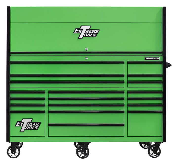 Extreme Tools RX Series 72 Inch W x 30 Inch D Professional Extreme Power Workstation Hutch & 19 Drawer Roller Cabinet 250 lbs Slides Combo Green with Black Drawer Pulls
