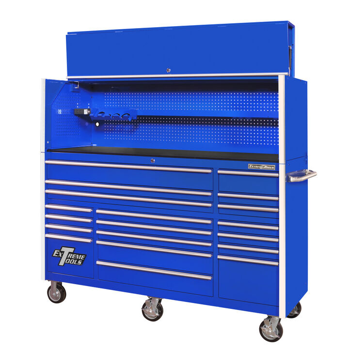 Extreme Tools RX Series 72 Inch W x 25 Inch D Professional Extreme Power Workstation Hutch & 19 Drawer Roller Cabinet 150 lbs Slides Combo Blue with Chrome Drawer Pulls