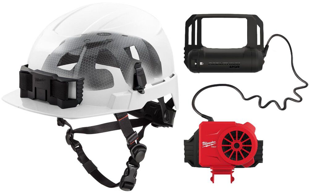 Milwaukee BOLT White Front Brim Safety Helmet with IMPACT ARMOR Liner Type 2 Class E & USB Cooling Fan Bundle, large image number 1