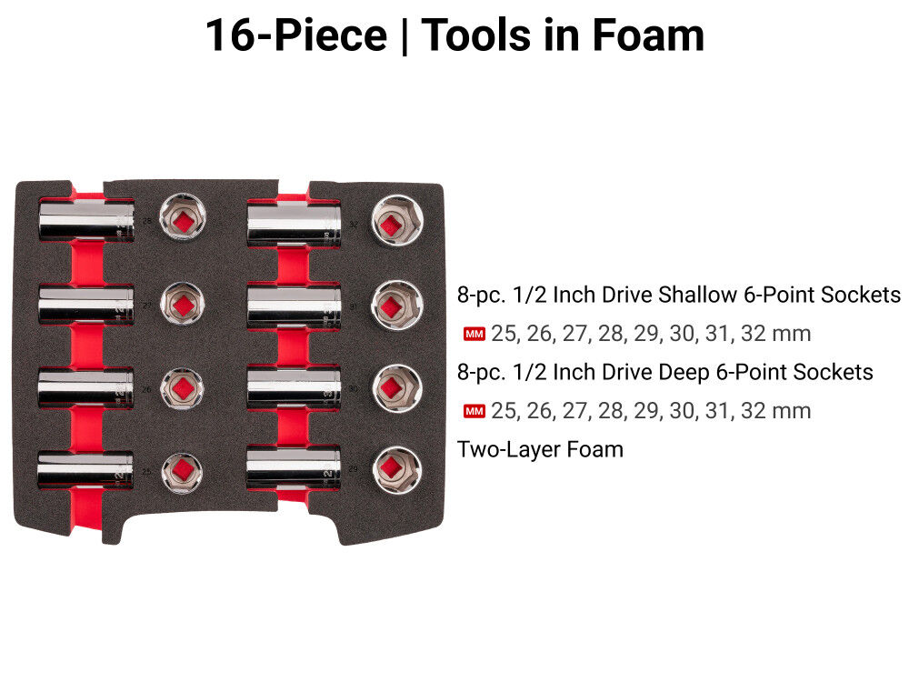 Tekton 1/2 Inch Shallow and Deep 6 Point Sockets, Drawer, 25-32 mm, 16 Pieces, large image number 3