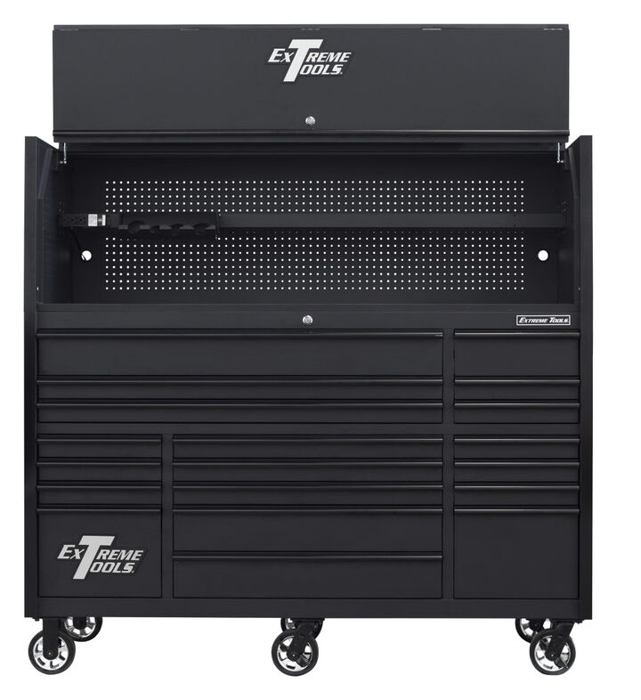 Extreme Tools RX Series 72 Inch W x 25 Inch D Professional Extreme Power Workstation Hutch & 19 Drawer Roller Cabinet 150 lbs Slides Combo Matte Black with Black Drawer Pulls