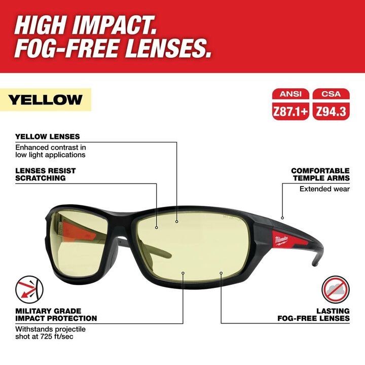 Milwaukee Performance Safety Glasses - Yellow Fog-Free Lenses, large image number 1