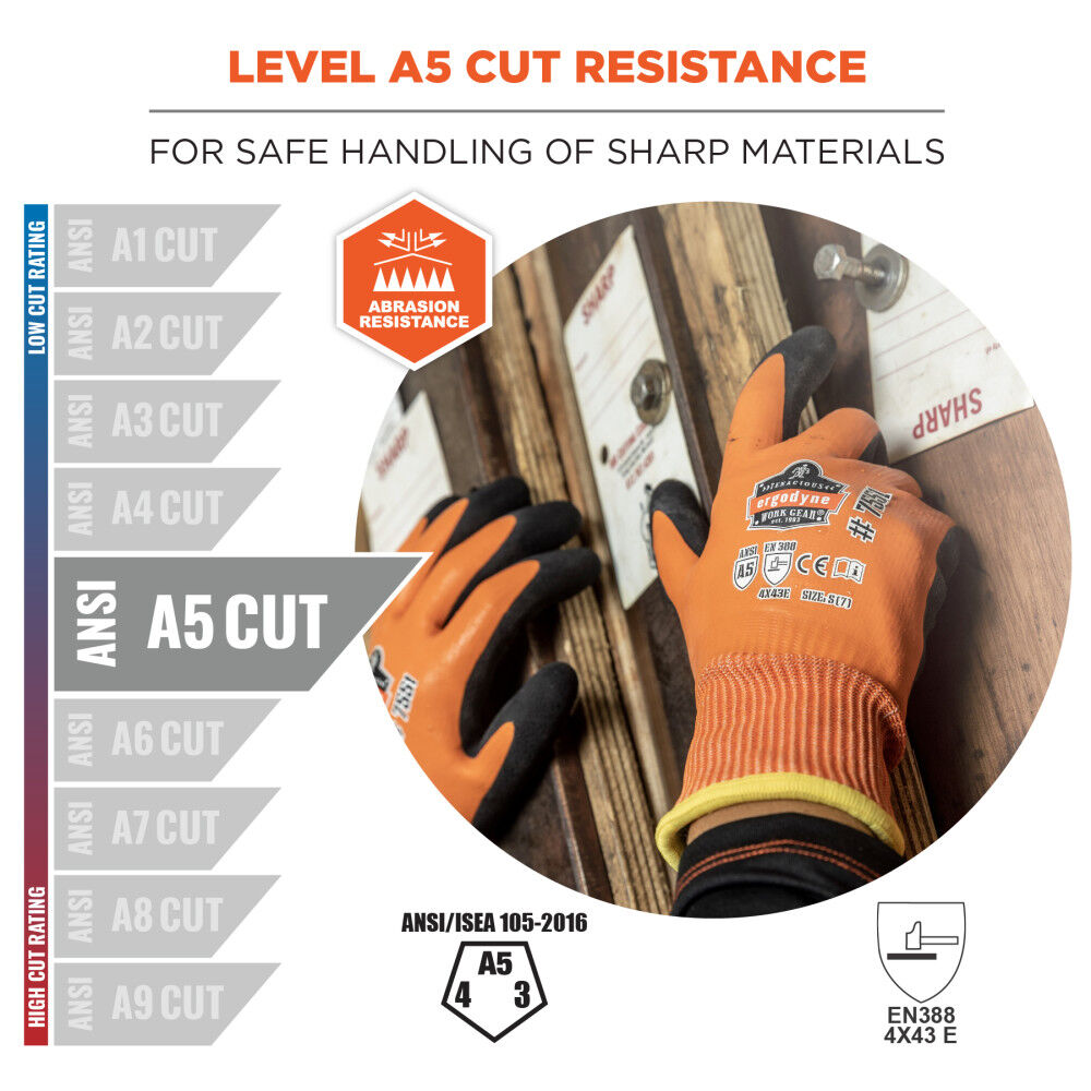Ergodyne ANSI A5 Coated Waterproof Cut Resistant Gloves, Orange and Black, XL, large image number 2