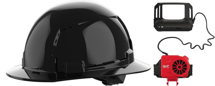 Milwaukee BOLT Black Full Brim Vented Hard Hat with 4pt Ratcheting Suspension Type 1 Class C & Cooling Fan Bundle