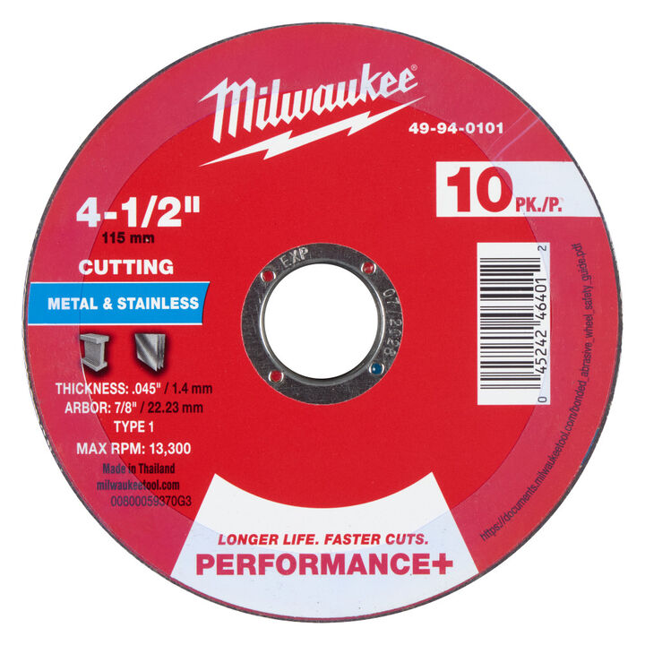 Milwaukee 4-1/2 Inch x .045 Inch x 7/8 Inch Performance+ Metal Cut Off Wheel Type 1 10 Pieces