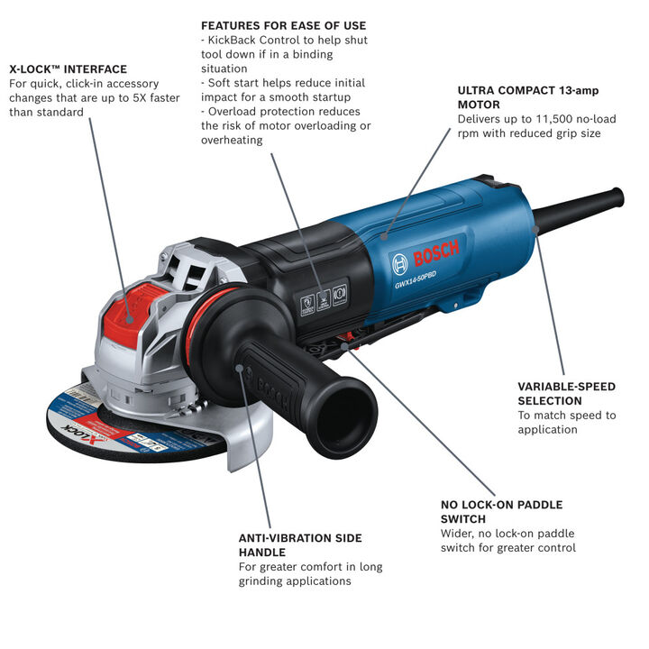 Bosch 5 Inch X-LOCK Angle Grinder with No Lock-On Paddle Switch & Brake, large image number 2