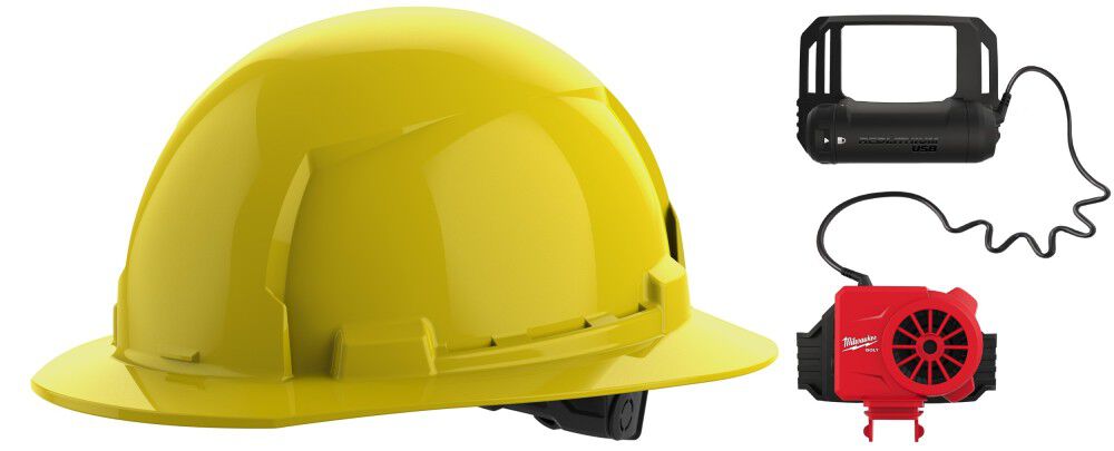 Milwaukee BOLT Yellow Full Brim Hard Hat with 6pt Ratcheting Suspension Type 1 Class E & USB Cooling Fan Bundle, large image number 1