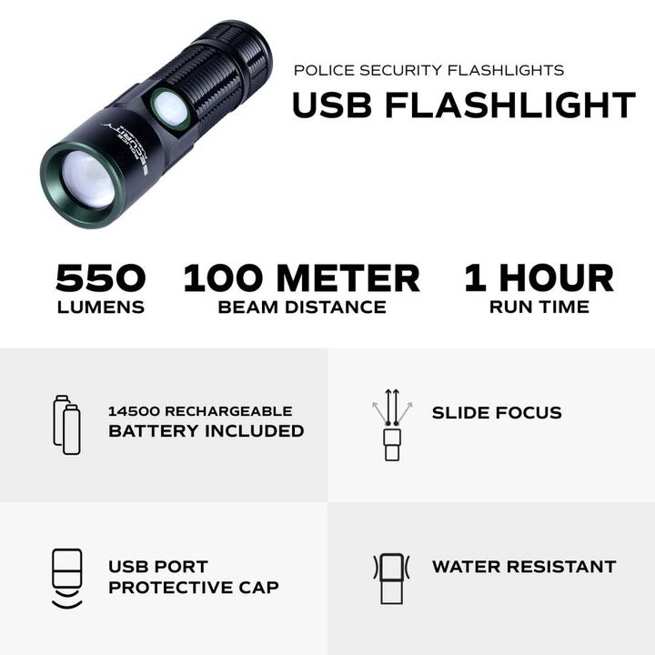 Police Security USB 550 Lumens 600mAh Battery Powered Car LED Flashlights, large image number 4