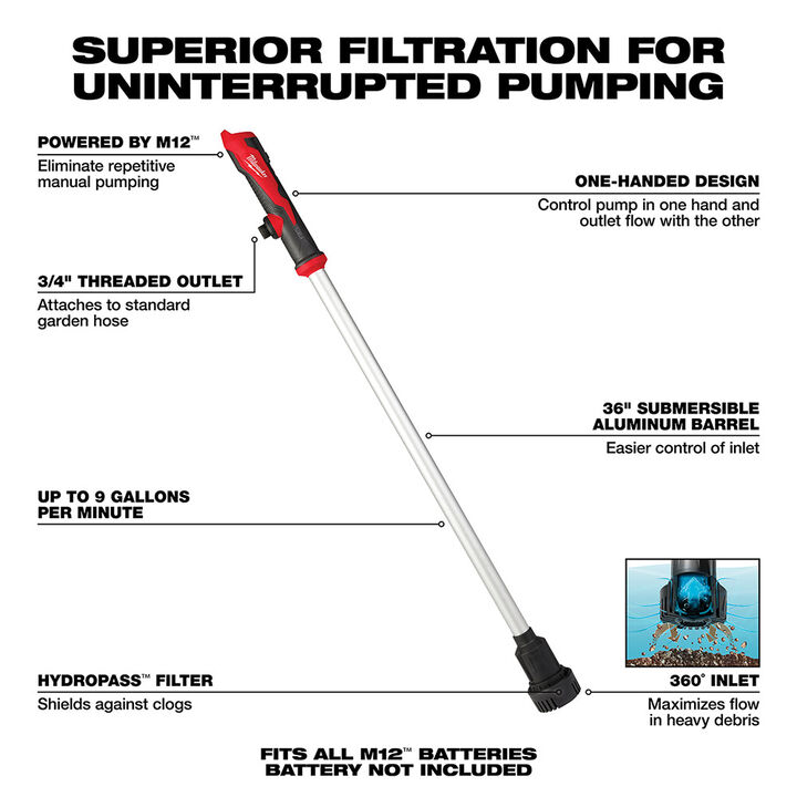 Milwaukee M12 Stick Transfer Pump with M12 REDLITHIUM XC 4.0Ah Extended Capacity Battery Pack Bundle, large image number 1