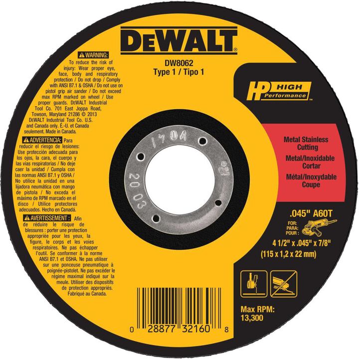 DEWALT Cutting Wheel 4 1/2in X .045in X 7/8in HP T1