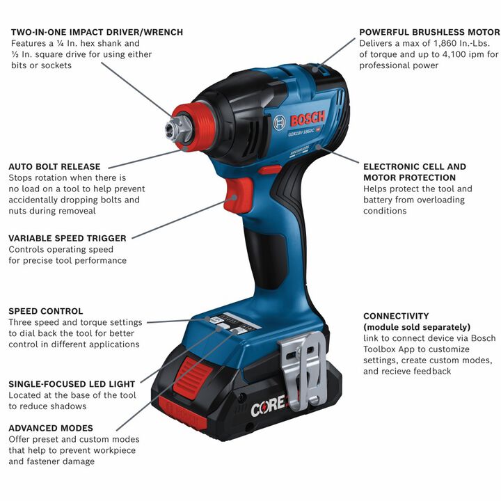 Bosch 18V 2-Tool Combo Kit - Impact Driver, 1/2-Inch Hammer Drill/Driver, 1 CORE18V 8Ah Battery, 1 CORE18V 4Ah Compact Battery, large image number 2