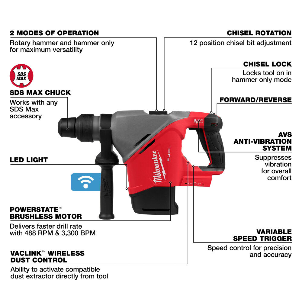 Milwaukee M18 FUEL 1-9/16 Inch SDS Max Rotary Hammer with ONE-KEY (Bare Tool), large image number 3