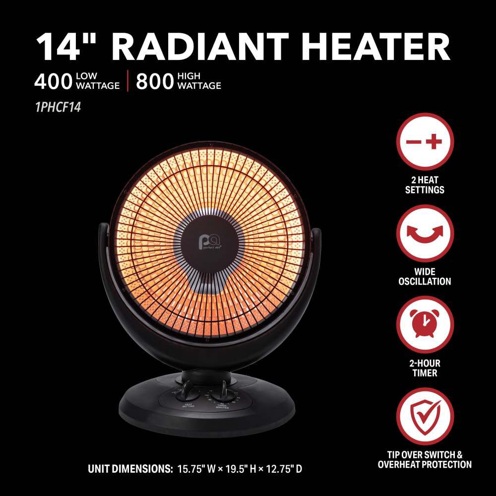 Perfect Aire 14 Inch 800/400W 2730 BTU Black Radiant Dish Heater, large image number 3