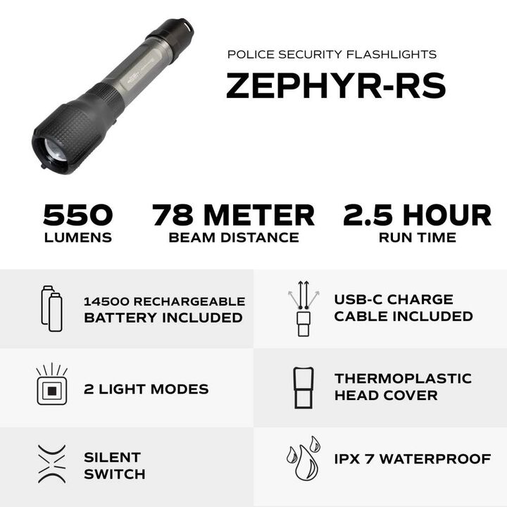 Police Security ZEPHYR-R5 550 Lumens Battery Powered Rechargeable Flashlight, large image number 4