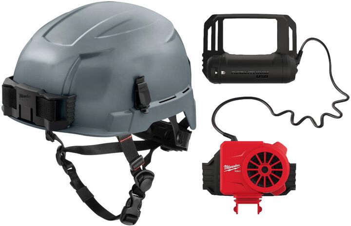 Milwaukee BOLT Gray Helmet Class E & USB Cooling Fan Bundle