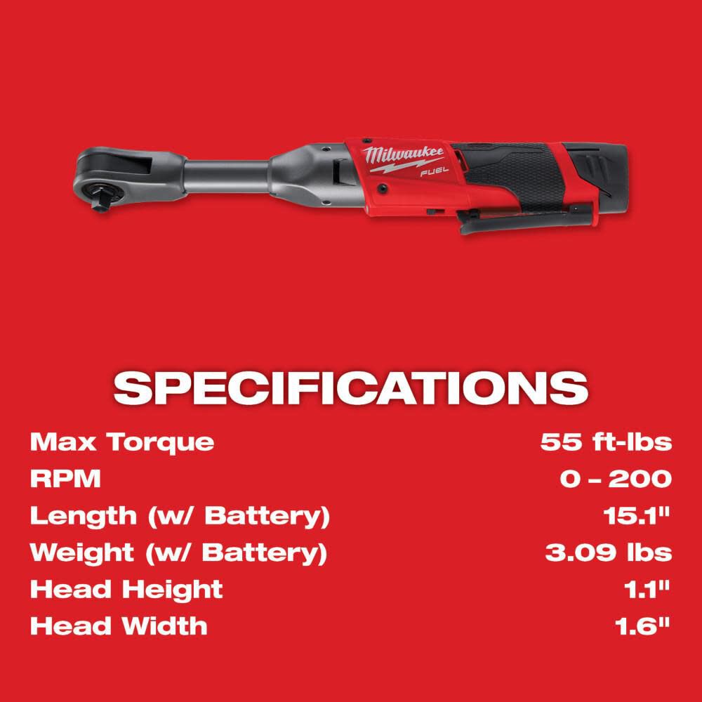 Milwaukee M12 FUEL 3/8 in. Extended Reach Ratchet 1 Battery Kit, large image number 7