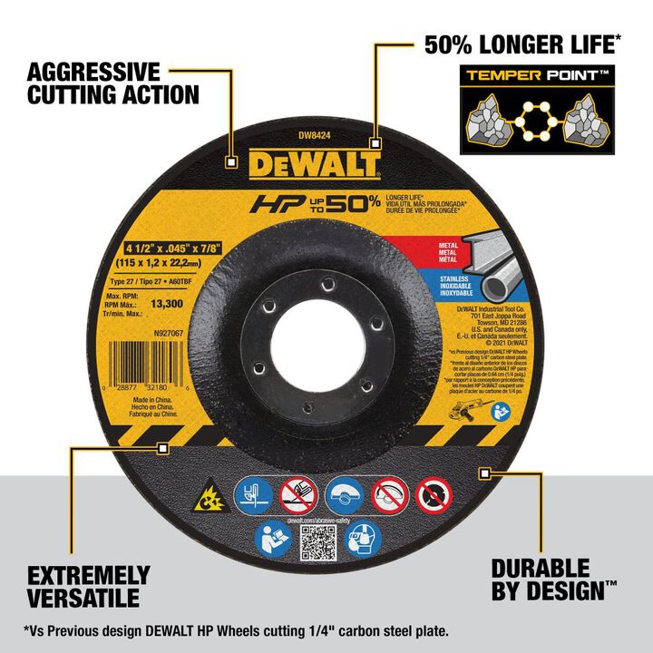 DEWALT Cutting Wheel 4 1/2in x .045in x 5/8in 11 HP T27, large image number 2