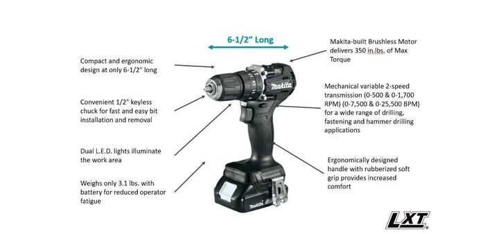 Makita 18V LXT 1/2 Inch Driver Drill Lithium Ion Sub Compact Brushless Cordless (Bare Tool) & Impact GOLD 14 Pc Titanium Drill Bit Set Bundle, large image number 1