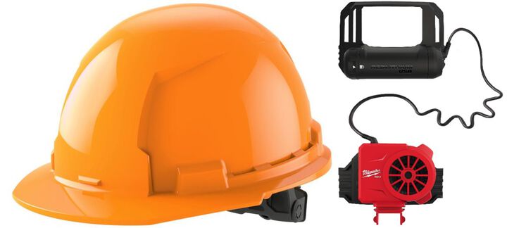 Milwaukee Orange Front Brim Hard Hat with 6pt Ratcheting Suspension Type 1 Class E & BOLT USB Cooling Fan Bundle