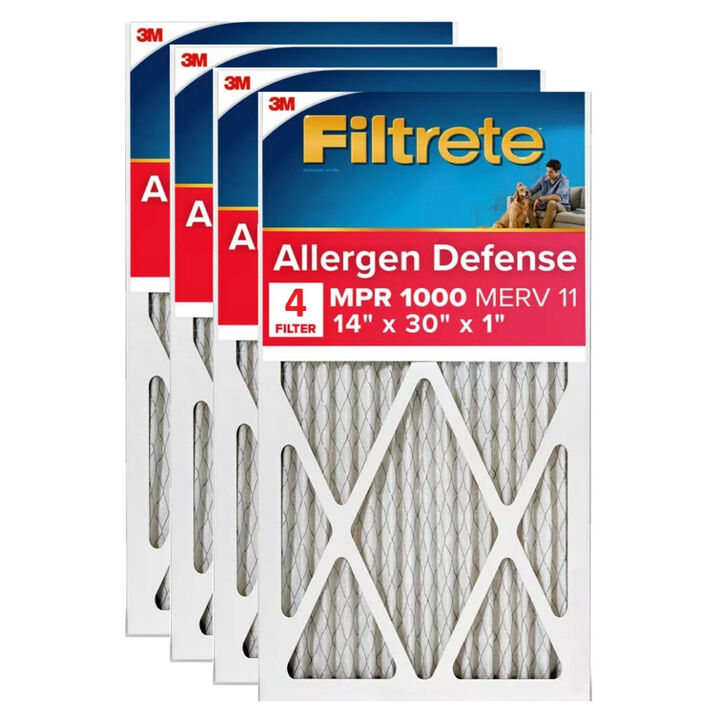 3M 14 Inch x 30 Inch 1000 MPR MERV 11 Allergen Air Filter - 4 Pack