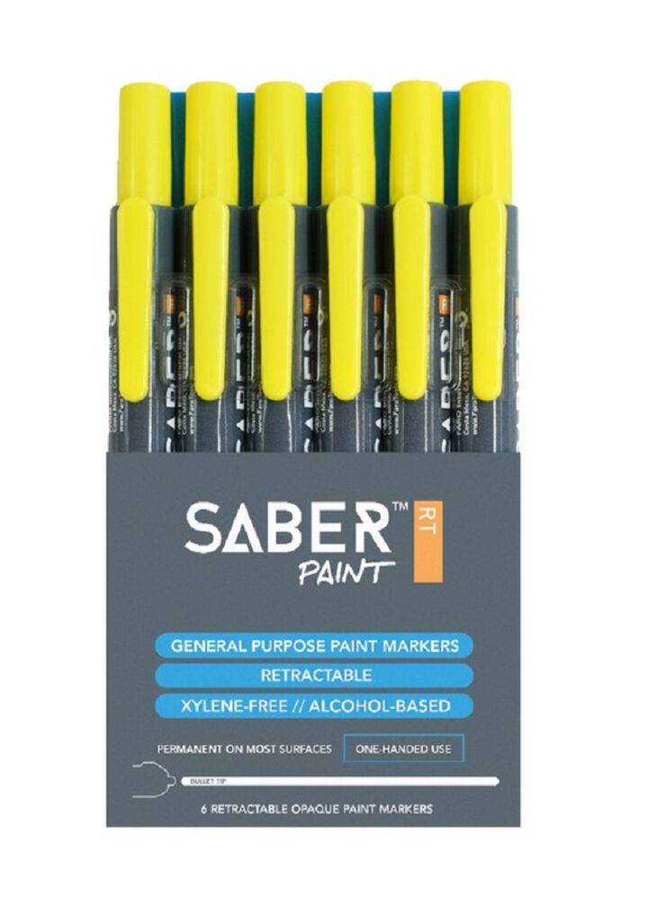FARO Saber Retractable Paint Marker, Yellow, 6 Pack