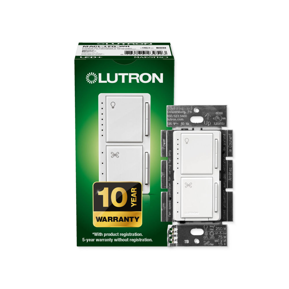 Lutron Maestro 120V 250W 1P Gloss White Dual LED+ Dimmer Switch, large image number 2