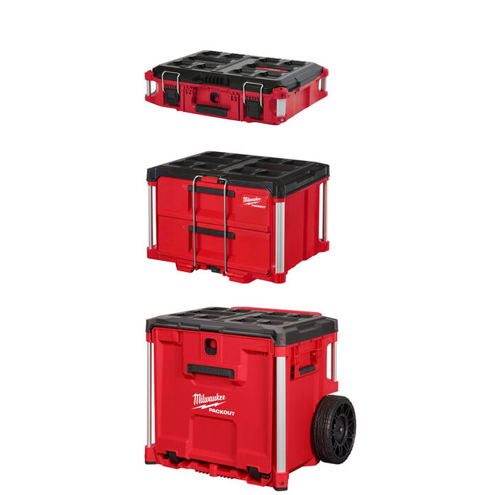 Milwaukee PACKOUT Single Rolling Tool Box, 2 Drawer Tool Box, and Medium Tool Box 3pc Bundle