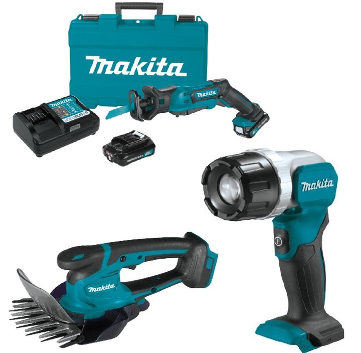 Makita 12V CXT Reciprocating Saw, Grass Shear & Flashlight Kit Bundle