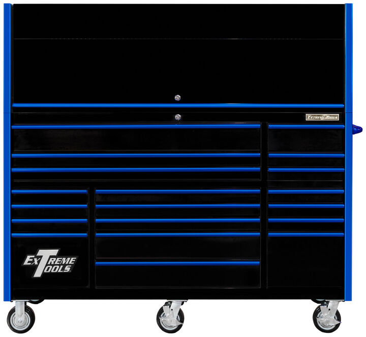 Extreme Tools RX Series 72 Inch W x 25 Inch D Professional Extreme Power Workstation Hutch & 19 Drawer Roller Cabinet 150 lbs Slides Combo Black with Blue Drawer Pulls