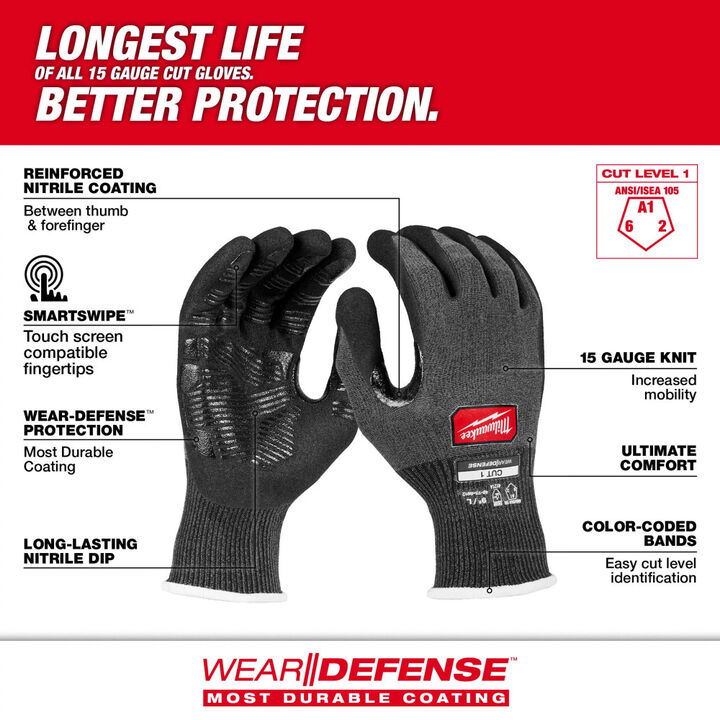 Milwaukee Cut Level 1 Nitrile Dipped Gloves with WEAR-DEFENSE Protection Medium, large image number 1