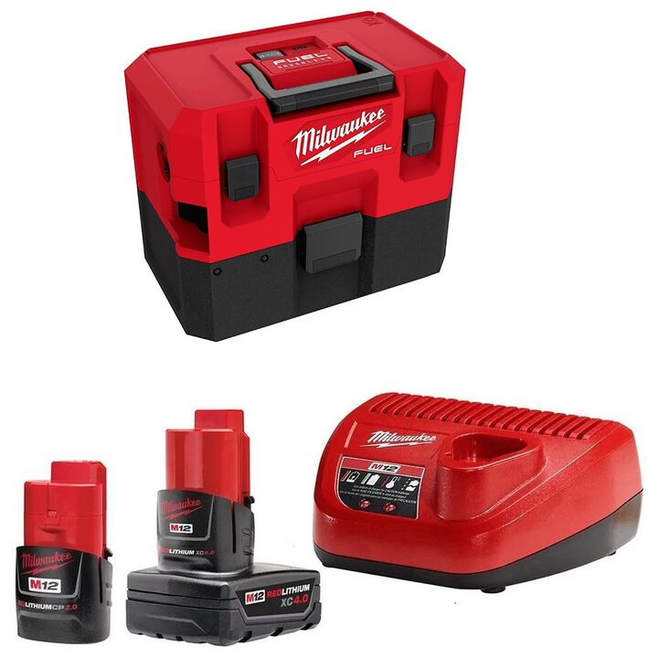 Milwaukee M12 Wet/Dry Vacuum-Bare Tool CP 2Ah & XC 4Ah Starter Kit Bundle