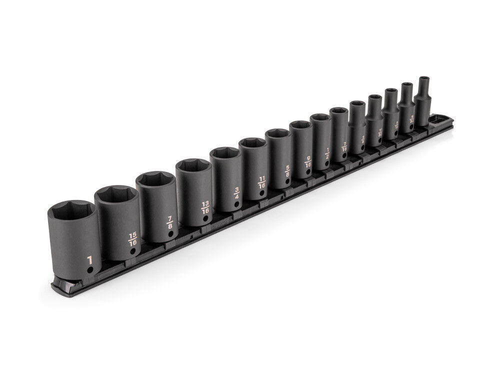 Tekton 3/8 Inch Semi-Deep 6 Point Impact Sockets, Rail, 1/4-1 Inch, 15 Pieces, large image number 1