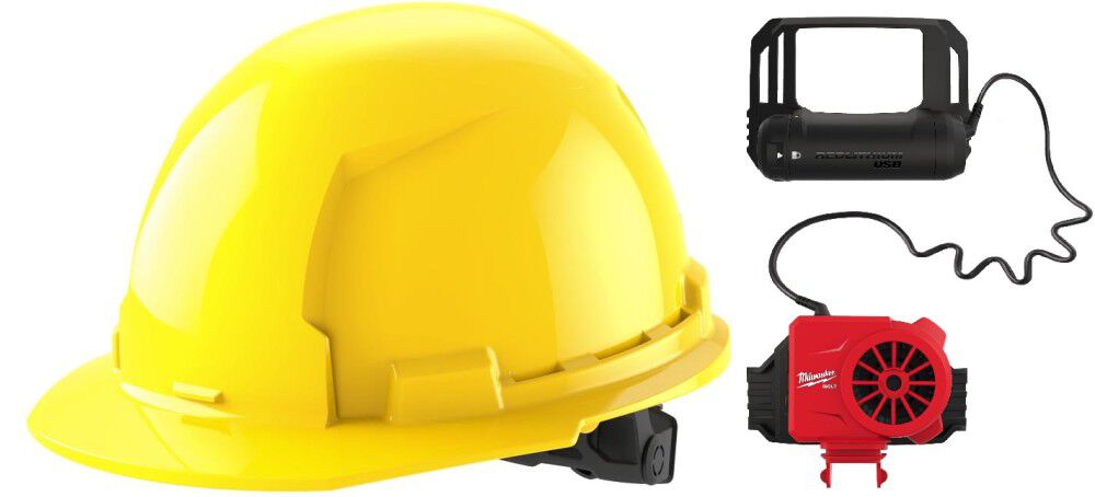 Milwaukee Yellow Front Brim Hard Hat with 6pt Ratcheting Suspension Type 1 Class E & BOLT USB Cooling Fan Bundle, large image number 1