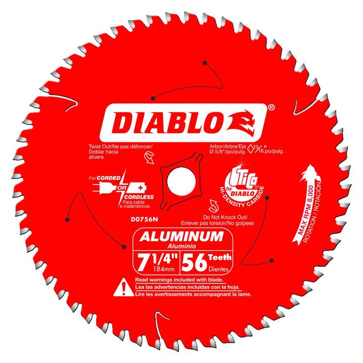 Diablo Tools 7-1/4 inch x 56 Tooth TCG Aluminum Cutting Circular Saw Blade with 5/8 inch Diamond Arbor