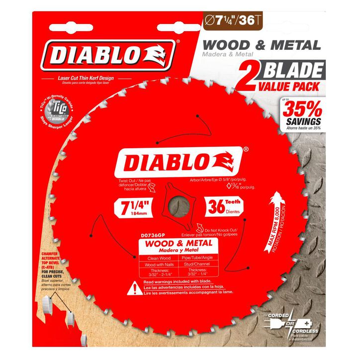 Diablo Tools 7-1/4 inch x 36 Tooth C-ATB Wood & Metal Cutting Circular Saw Blade with 5/8 inch Diamond Arbor 2 Pack