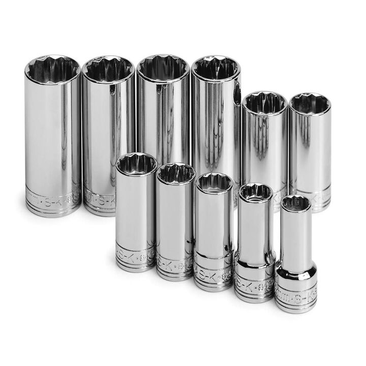 SK Tools 3/8 Inch Drive 12 Point Deep Metric Chrome Socket Set 11 Piece