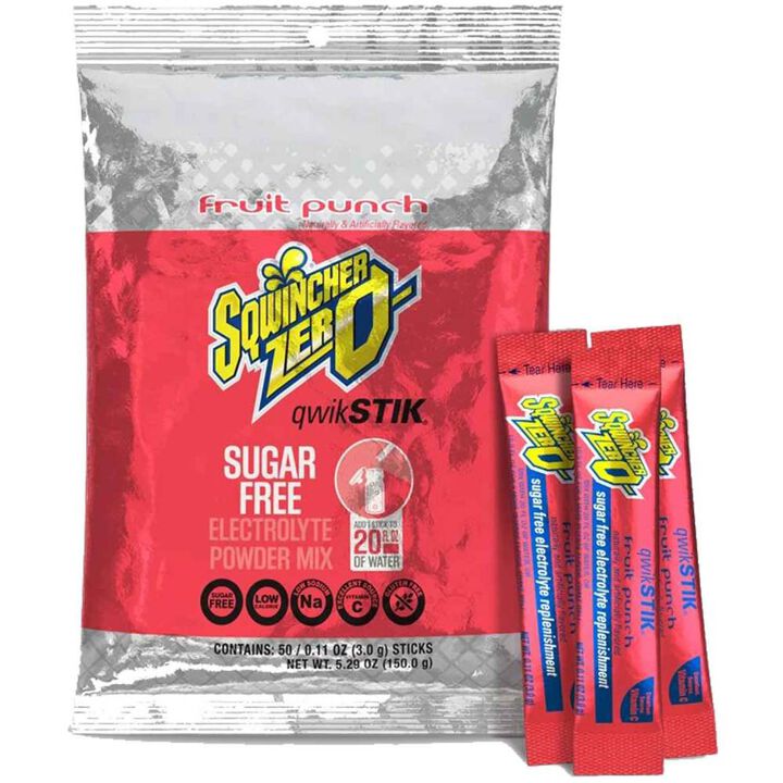 Sqwincher Zero Qwik Stik Electrolytes Replacement Single Serve Fruit Punch Hydration Pack 50 Pieces