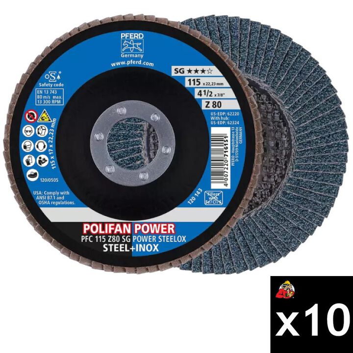 Pferd 4-1/2 Inch x 7/8 Inch, Z SG POWER STEELOX, 80 Grit, T29, Hole Mount Flap Disc Bundle, 10 Pieces