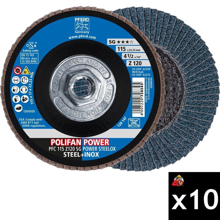 Pferd 4-1/2 Inch x 5/8-11 Inch, Z SG POWER STEELOX, 120 Grit, T29, Threaded Flap Disc Bundle, 10 Pieces