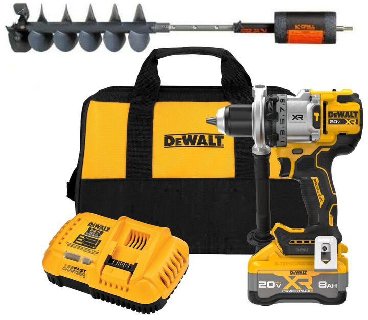 K-Drill 7-1/2 Inch Diameter Ice Auger with Built-In Adjustable Extension Shaft & DEWALT 20V MAX XR Brushless Cordless 1/2 Inch Hammer Drill Kit