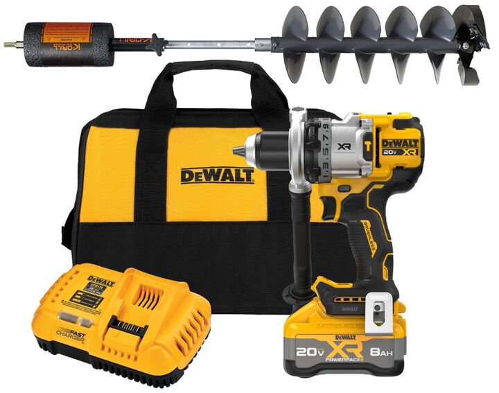 K-Drill 8-1/2 Inch Diameter Ice Auger with Built-In Adjustable Extension Shaft & DEWALT 20V MAX XR Brushless Cordless 1/2 Inch Hammer Drill Kit