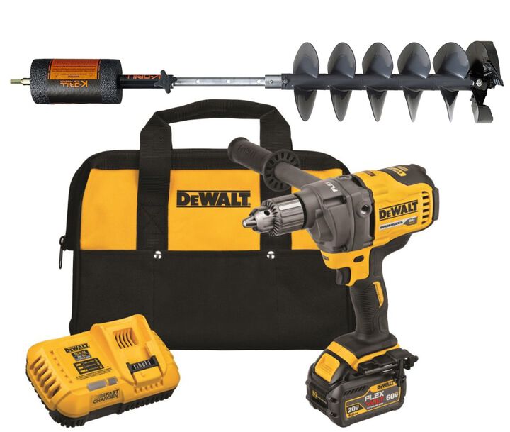 K-Drill 8-1/2 Inch Diameter Ice Auger with Built-In Adjustable Extension Shaft & DEWALT 60V MAX Mixer/Drill with E-Clutch System Kit