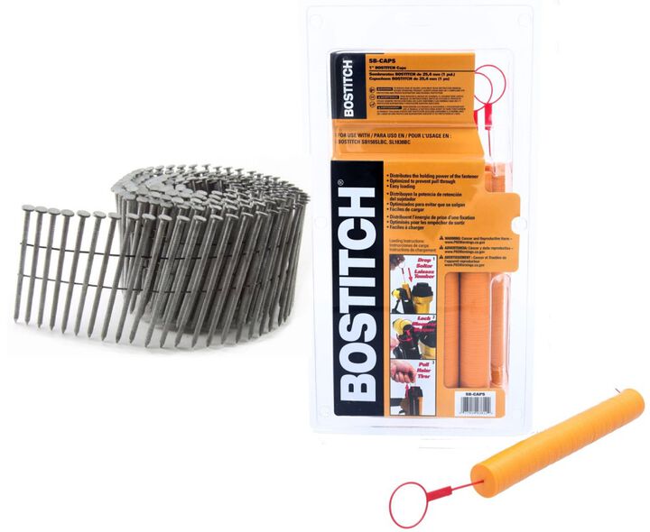 ACME TOOLS B&C Eagle 1-3/4 Inch x .090 Wire Collated Hot Dipped Galvanized Ring Shank Coil Siding Nails 5,400 Piece & 6,000 Bostitch Stapler And Nailer Caps Bundle