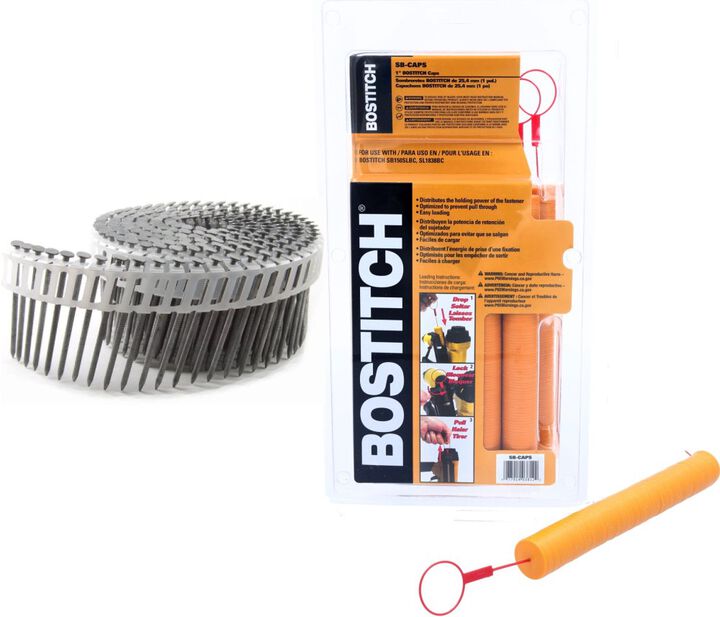 ACME TOOLS B&C Eagle 1-3/4 Inch x .092 Plastic Collated Hot Dipped Galvanized Ring Shank Coil Siding Nails 6,000 Piece & Bostitch 6,000 Stapler And Nailer Caps Bundle