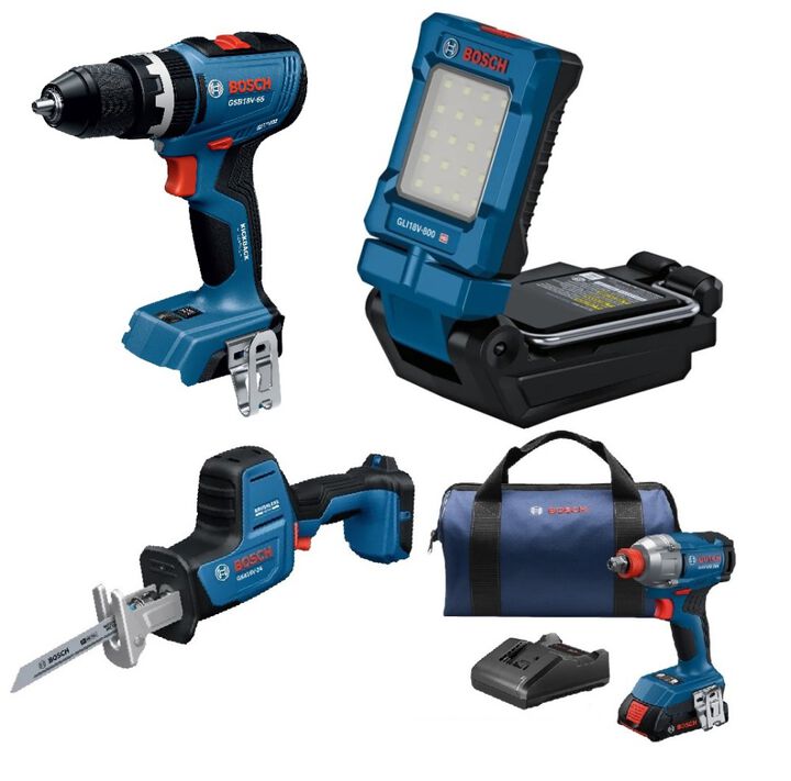 Bosch 18V 4-Tool Combo Kit with Drill, Impact Driver, Reciprocating Saw and Work Light