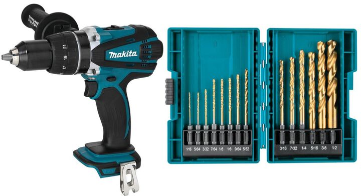 Makita 18V LXT Lithium-Ion Cordless 1/2 Inch Driver Drill (Tool only) & Impact GOLD 14 Pc. Titanium Drill Bit Set Bundle